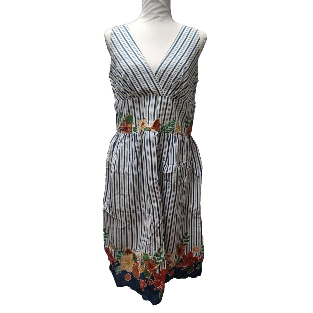 Vintage Mint Green Dress Women's M Strips with Floral Border 100% Cotton Y2K 90s